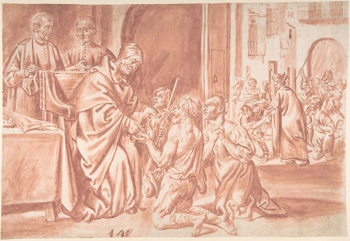 Thomas of Villanova, Archbishop of Valencia Distributing Alms to the Poor, Pedro Orrente (Spanish, Murcia 1580–1645 Valencia), Brush and red wash over black chalk 