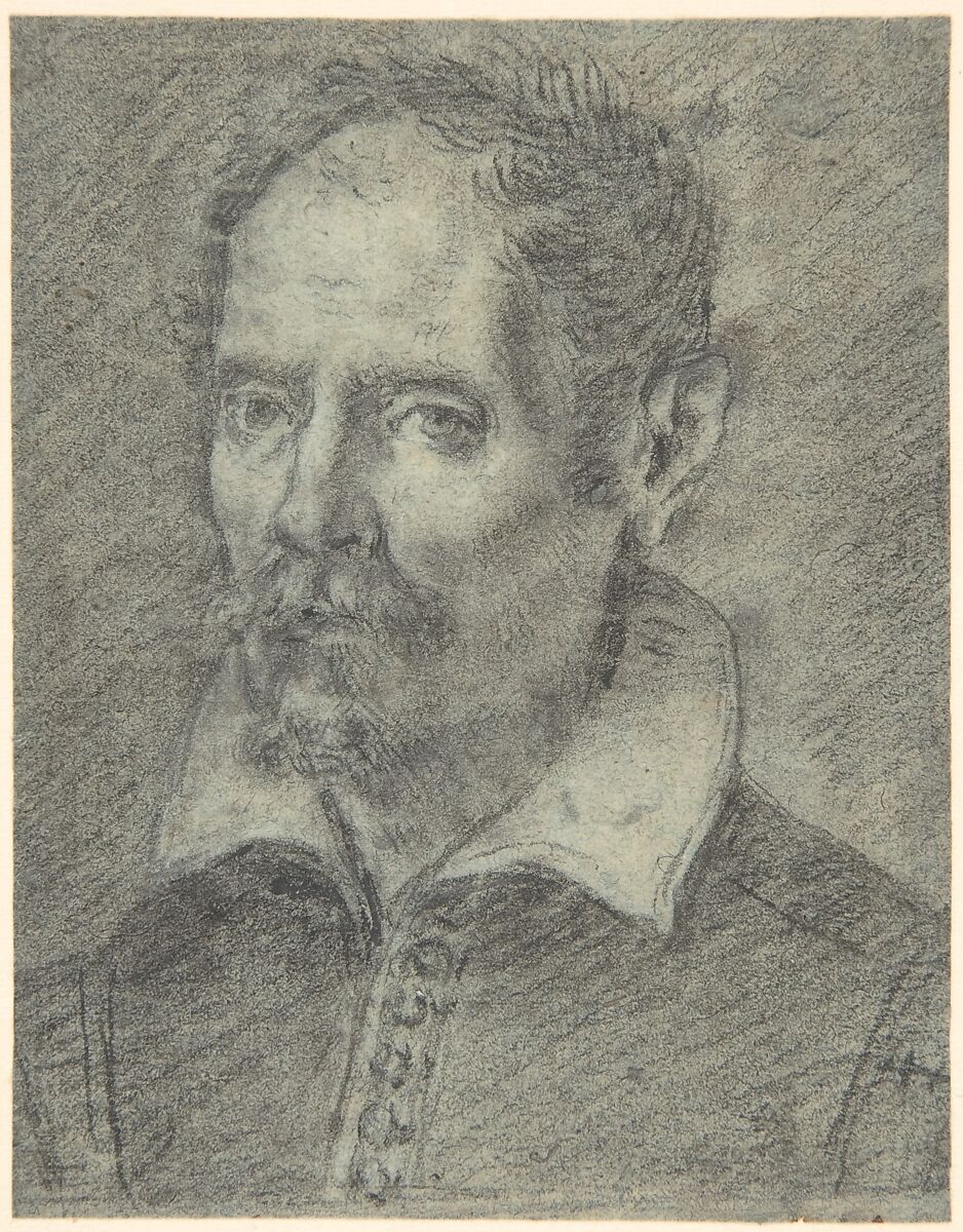Head of a Bearded Man, Attributed to Francisco Pacheco (Spanish, Sanlúcar de Barrameda 1564–1644 Seville), Black chalk and traces of white chalk on blue paper 