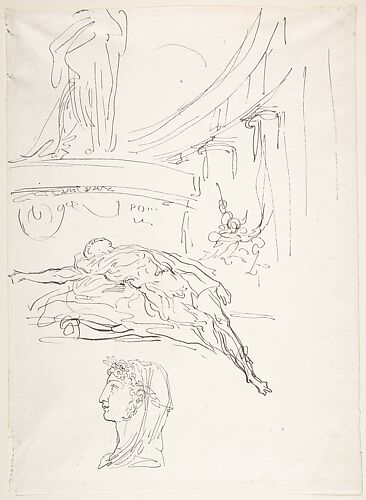 Sheet of Studies, Including a Roman Head, a Male Figure on a Pyre, and a Colonnade.