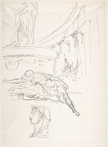 Sheet of studies, including a Roman head, a male figure on a pyre, and a colonnade.