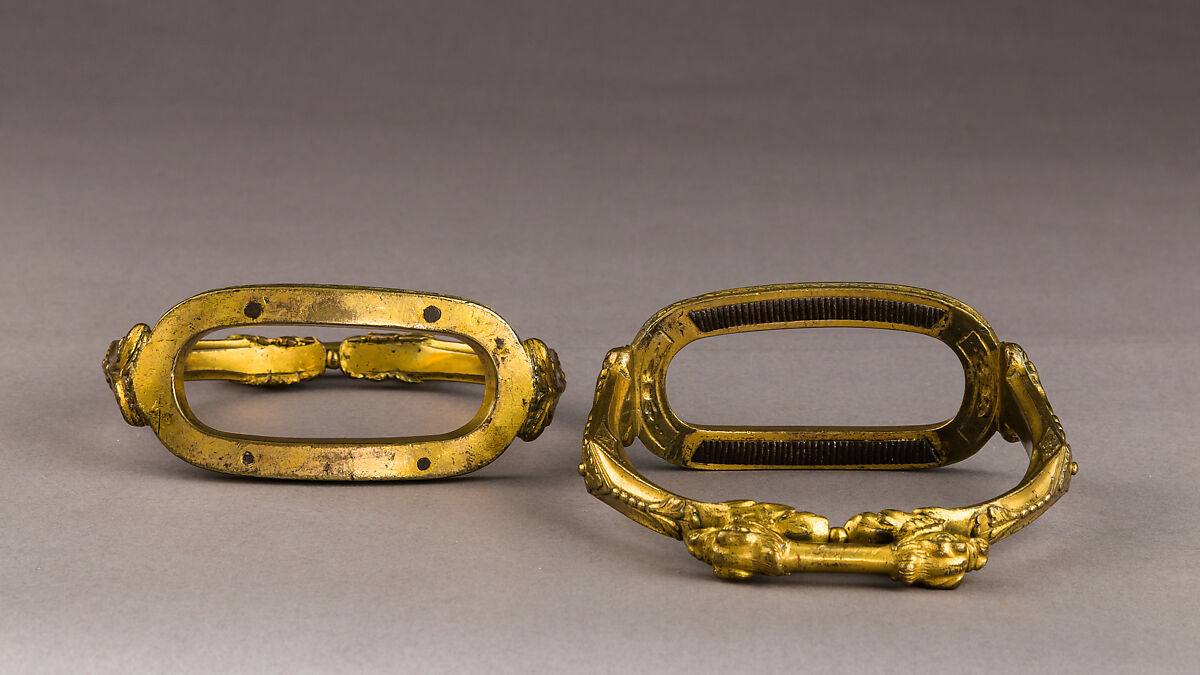 Pair of Stirrups, Copper alloy, gold, iron, French
