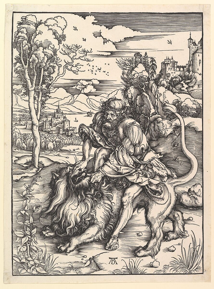 Samson Rending the Lion, Albrecht Dürer (German, Nuremberg 1471–1528 Nuremberg), Woodcut 