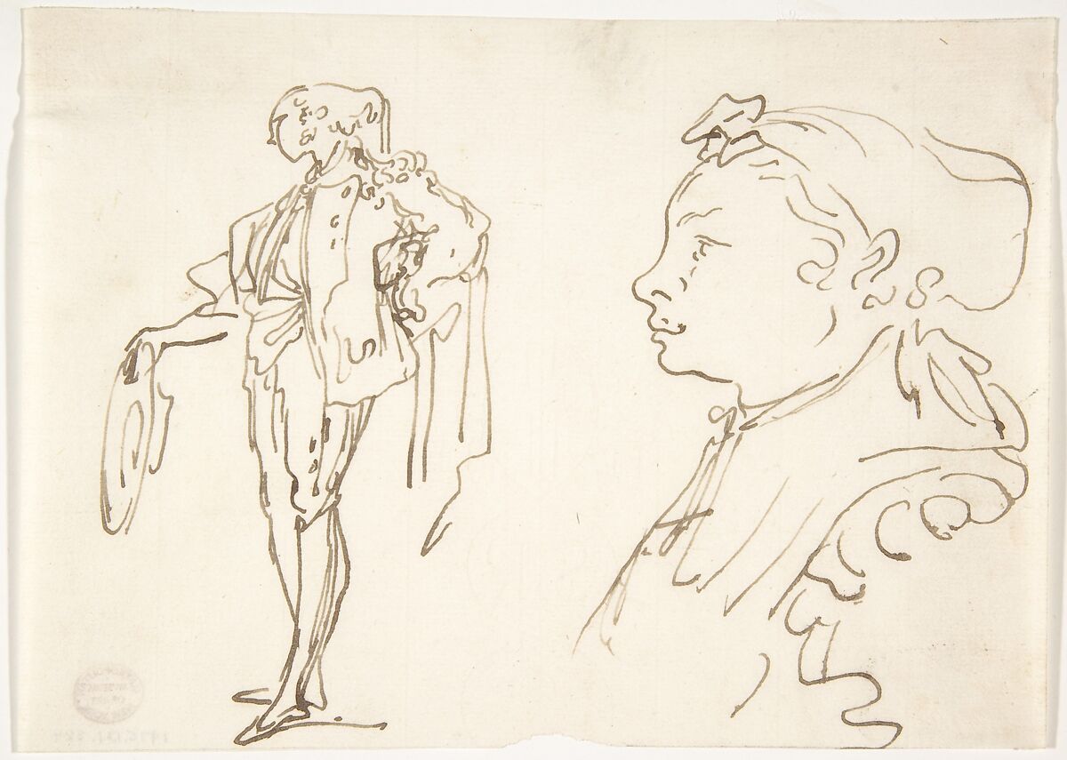 Studies of a Standing Man Holding a Hat and Profile of a Girl Looking Left, Luis Paret y Alcazar (Spanish, Madrid 1746–1799 Madrid), Pen and brown ink on off-white paper 