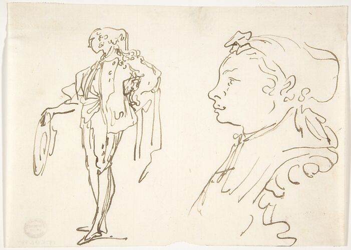 Studies of a standing man holding a hat and a girl in profile