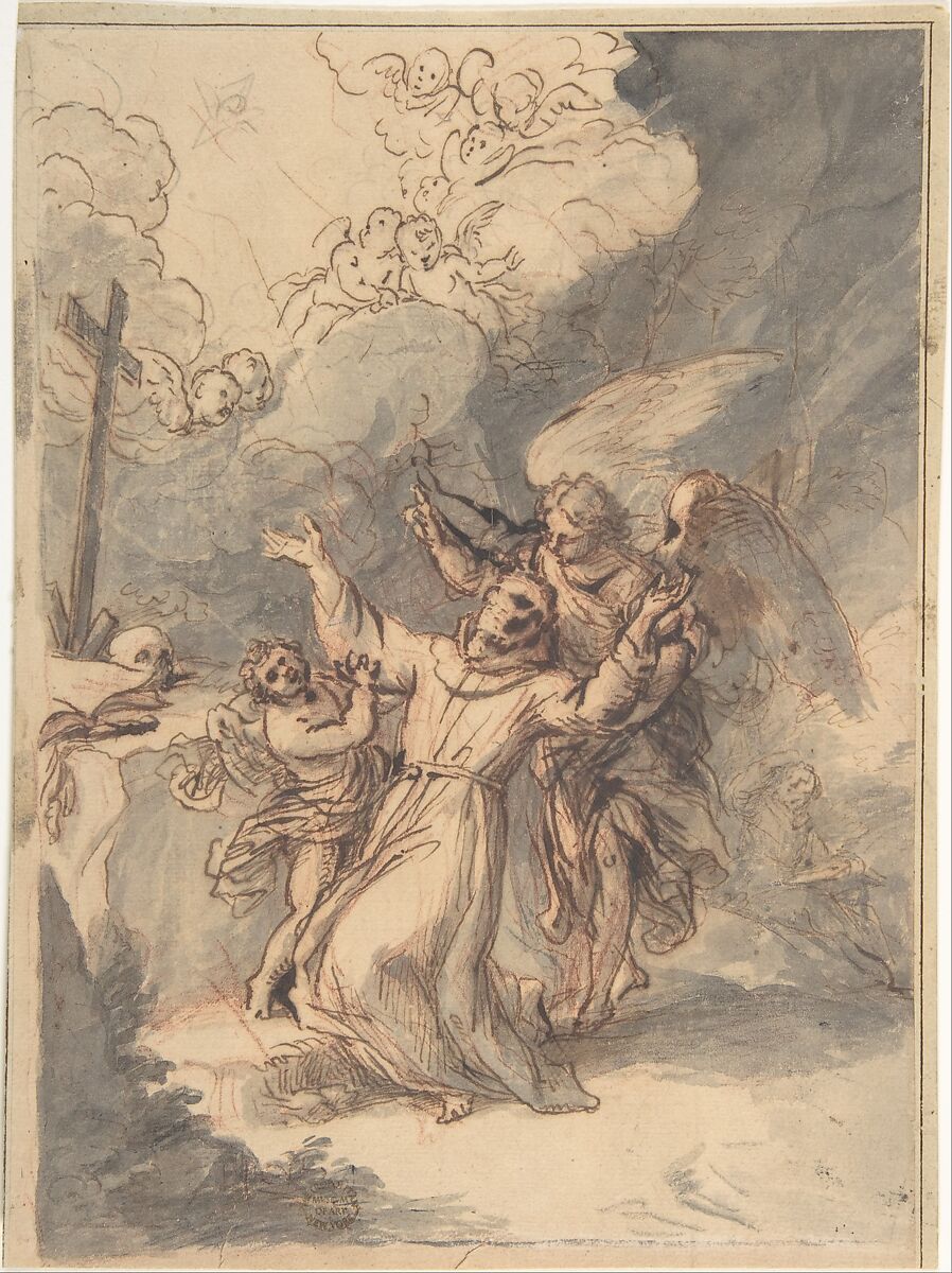 St. Francis Receiving the Stigmata, Antonio de Pereda (Spanish, Valladolid 1611–1678 Madrid), Pen and brown ink, brush and gray wash, over black and red chalk on beige paper.  Lined.  Ground line and left border line in black chalk 