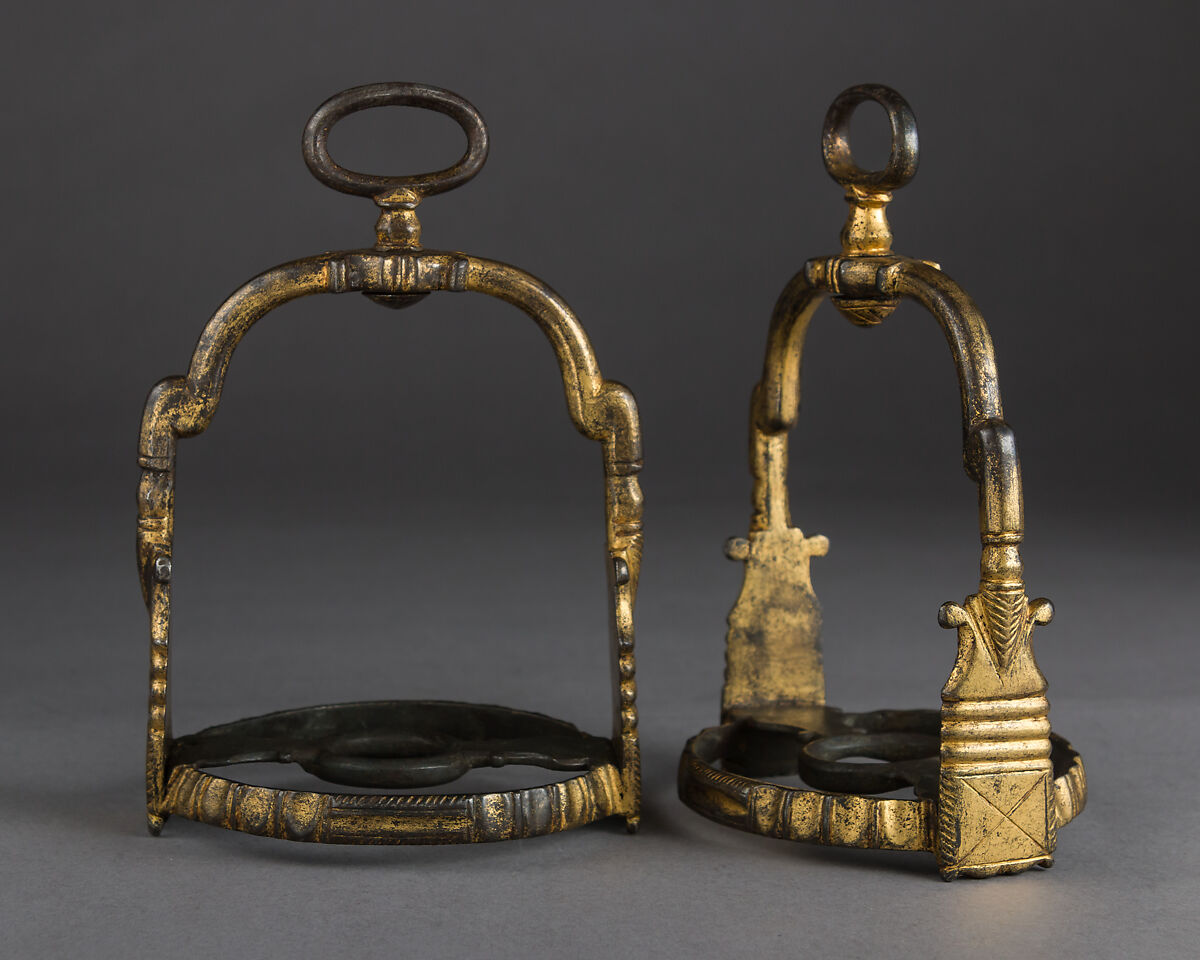 Pair of Stirrups, Iron, gold, Spanish 