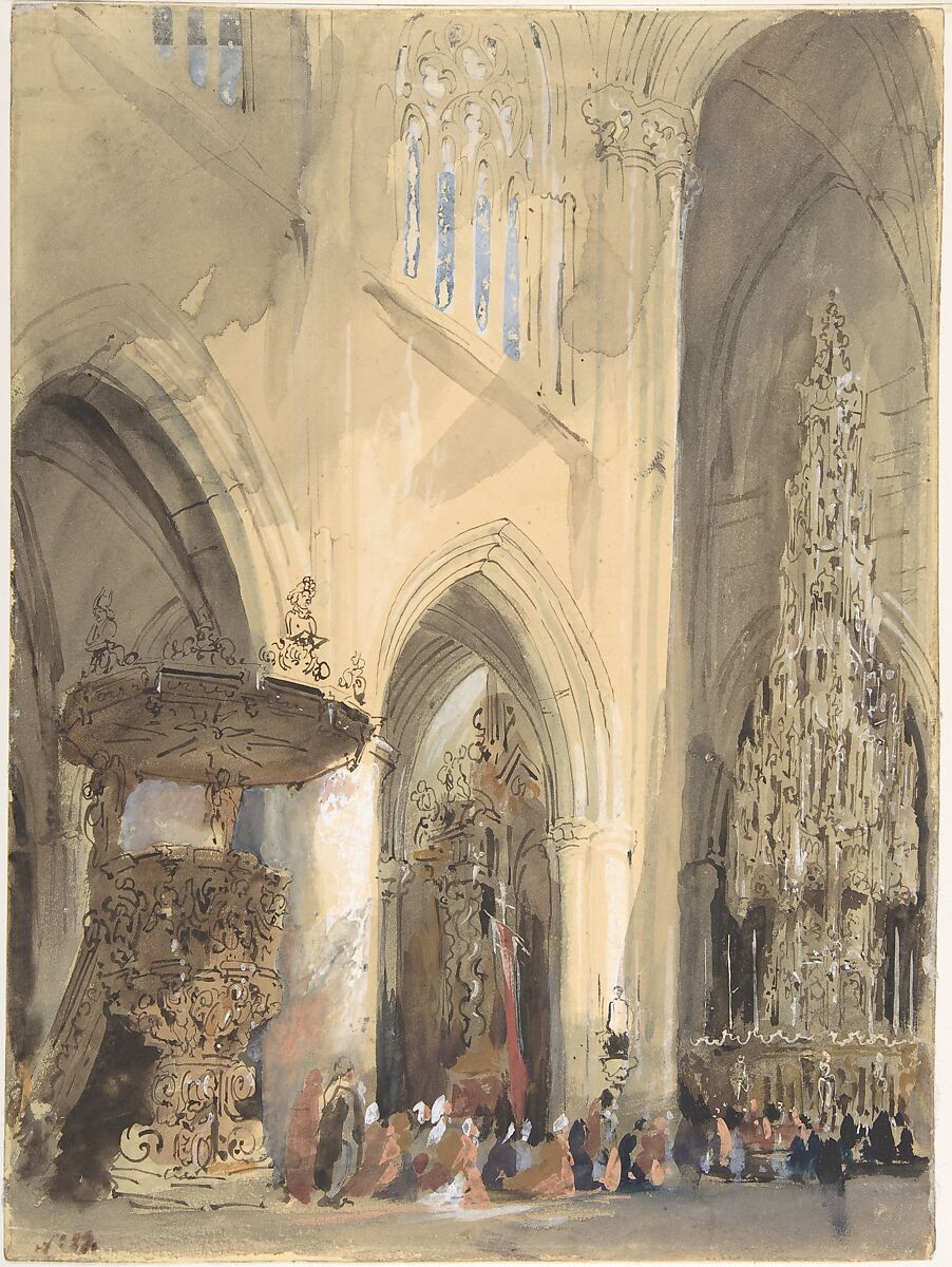 Interior of the Church of St. Jacques, Louvain, Genaro (Jenaro) Pérez Villaamil (Spanish, El Ferrol 1807–1854 Madrid), Pen and black ink with brush, and watercolor, highlighted with white gouache on heavy yellow paper 