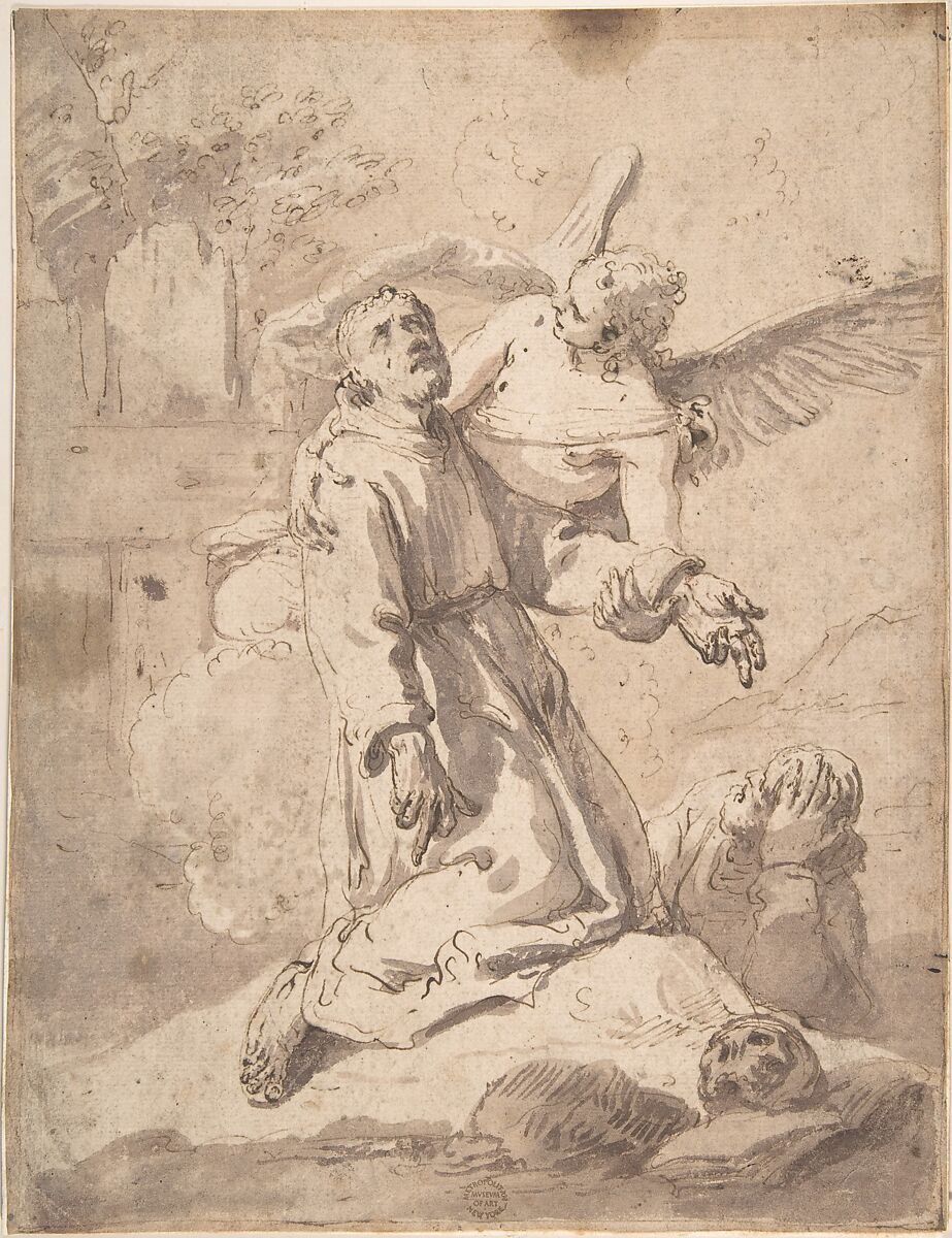 Saint Francis, Anonymous, Italian, 17th or 18th century, Pen and brown ink, brush and brown wash on cream colored laid paper.  Remains of framing outlines in brown ink along left, bottom, and right edges 