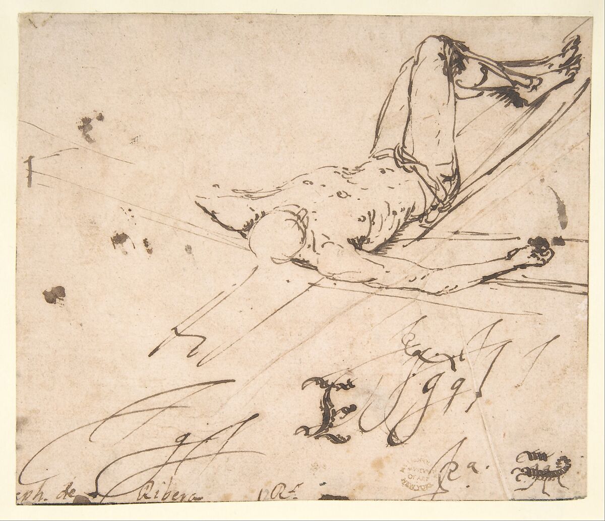 Study for a Crucifixion of St. Peter, Jusepe de Ribera (called Lo Spagnoletto) (Spanish, Játiva 1591–1652 Naples), Pen and brown ink on off-white paper 