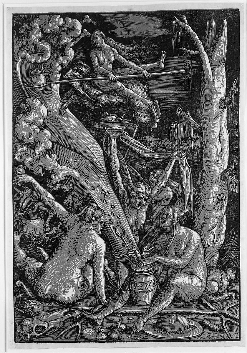The Witches, Hans Baldung (called Hans Baldung Grien) (German, Schwäbisch Gmünd (?) 1484/85–1545 Strasbourg), Chiaroscuro woodcut in two blocks, printed in gray and black; second of two states