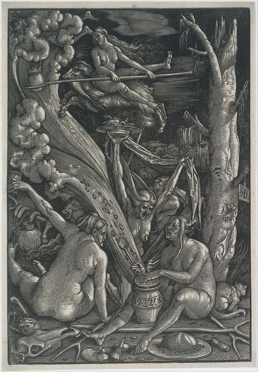 The Witches, Hans Baldung (called Hans Baldung Grien) (German, Schwäbisch Gmünd (?) 1484/85–1545 Strasbourg), Chiaroscuro woodcut in two blocks, printed in gray and black; second of two states