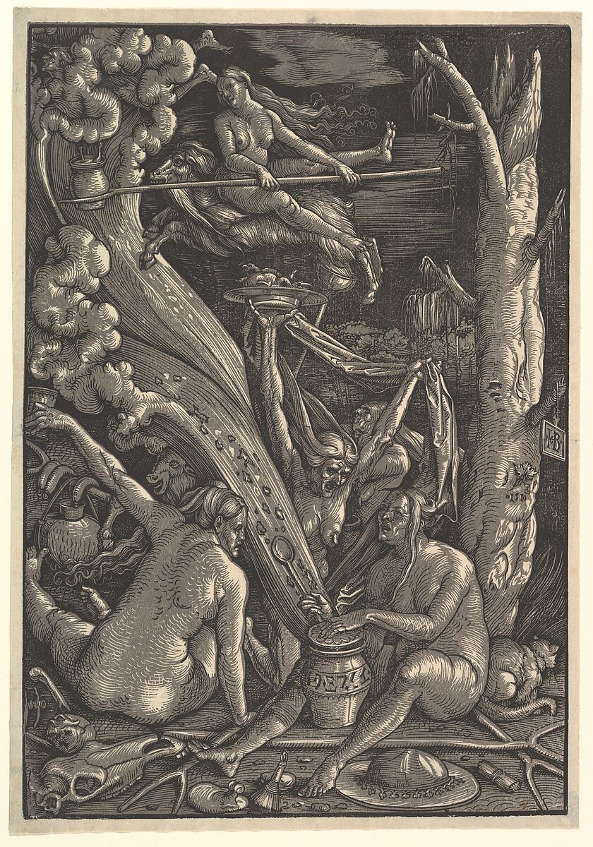 The Witches, Hans Baldung (called Hans Baldung Grien) (German, Schwäbisch Gmünd (?) 1484/85–1545 Strasbourg), Chiaroscuro woodcut in two blocks, printed in gray and black; second of two states 