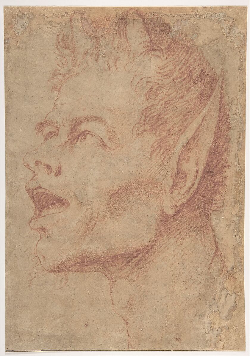 Head of a Satyr Facing Left, Jusepe de Ribera (called Lo Spagnoletto) (Spanish, Játiva 1591–1652 Naples), Red chalk on brownish paper 