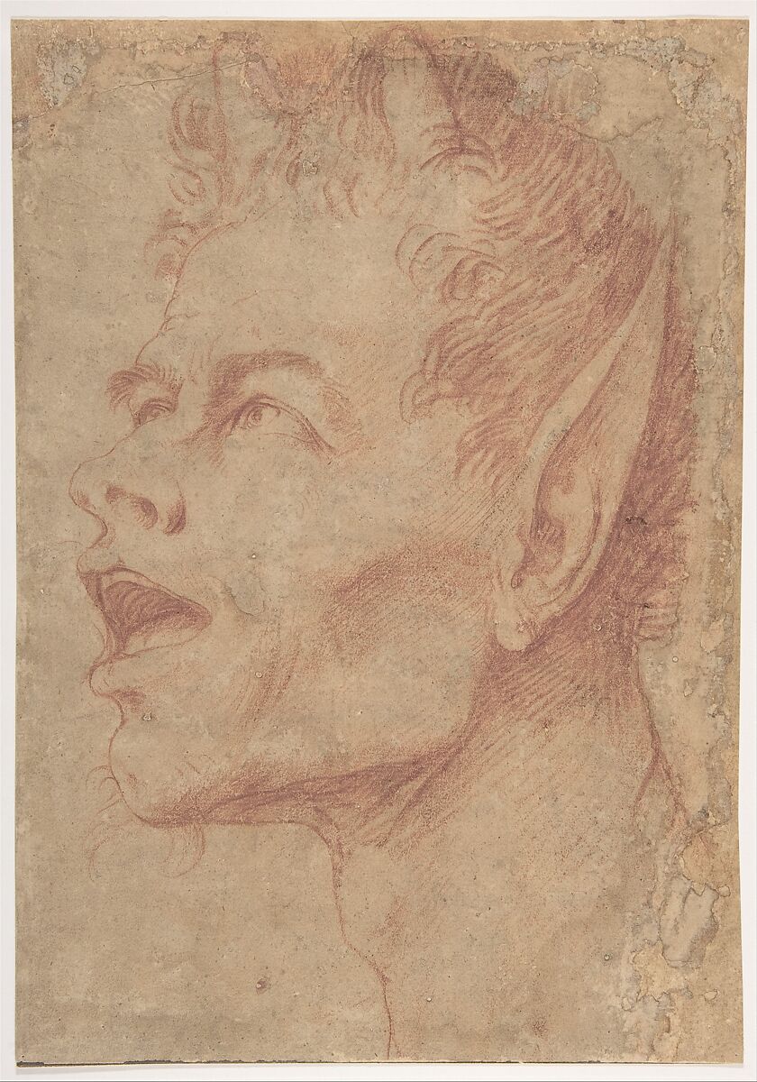 Head of a Satyr Facing Left, Jusepe de Ribera (called Lo Spagnoletto)  Spanish, Red chalk on brownish paper