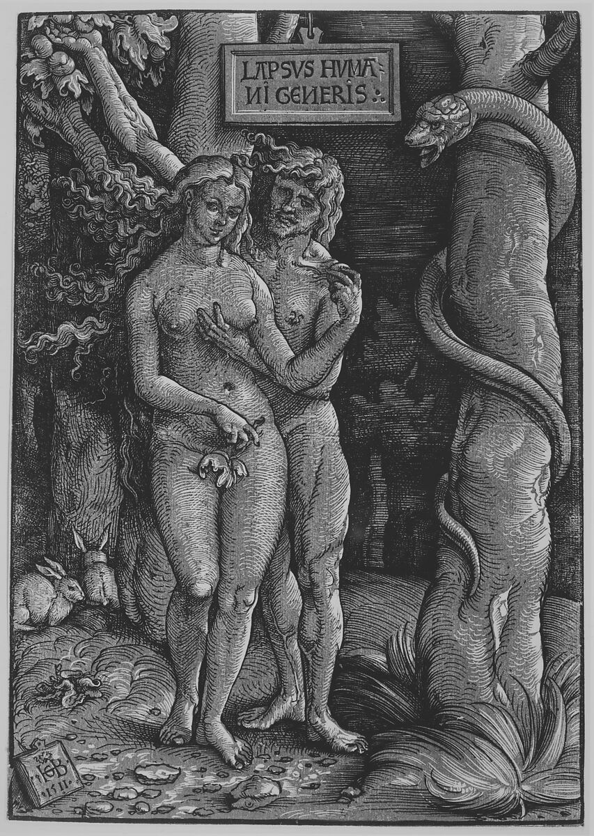 The Fall of Mankind, Hans Baldung (called Hans Baldung Grien) (German, Schwäbisch Gmünd (?) 1484/85–1545 Strasbourg), Chiaroscuro woodcut in two blocks, printed in gray-brown and black; second of two states