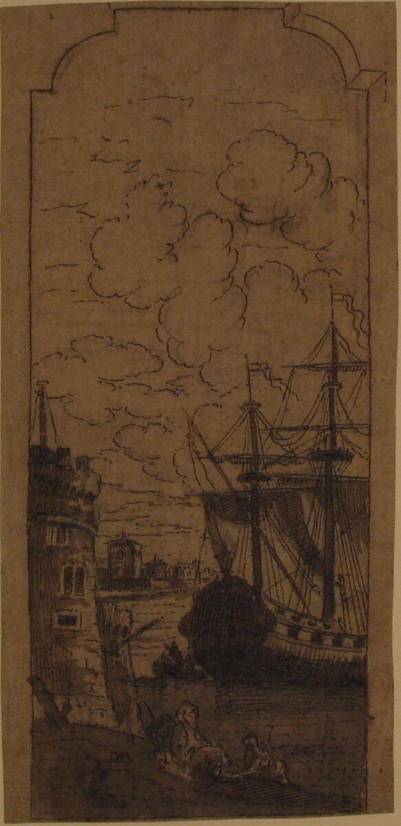 Framed Port scene with two figures, Dominique Barrière (French, Marseille 1610–1678), Pen and brown ink, brown wash, over black chalk, heightened with white