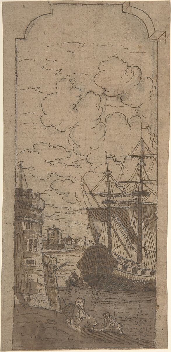 Framed Port scene with two figures, Dominique Barrière (French, Marseille 1610–1678), Pen and brown ink, brown wash, over black chalk, heightened with white 