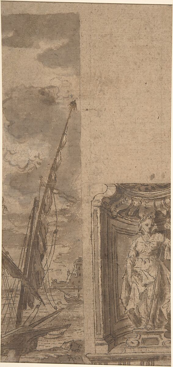 Framed Port scene with two figures, Dominique Barrière (French, Marseille 1610–1678), Pen and brown ink, brown wash, over black chalk, heightened with white