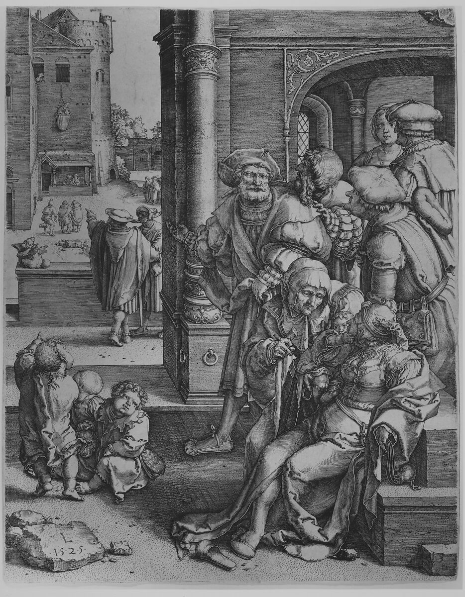 The Poet Virgil in a Basket, Lucas van Leyden (Netherlandish, Leiden ca. 1494–1533 Leiden), Engraving; first state