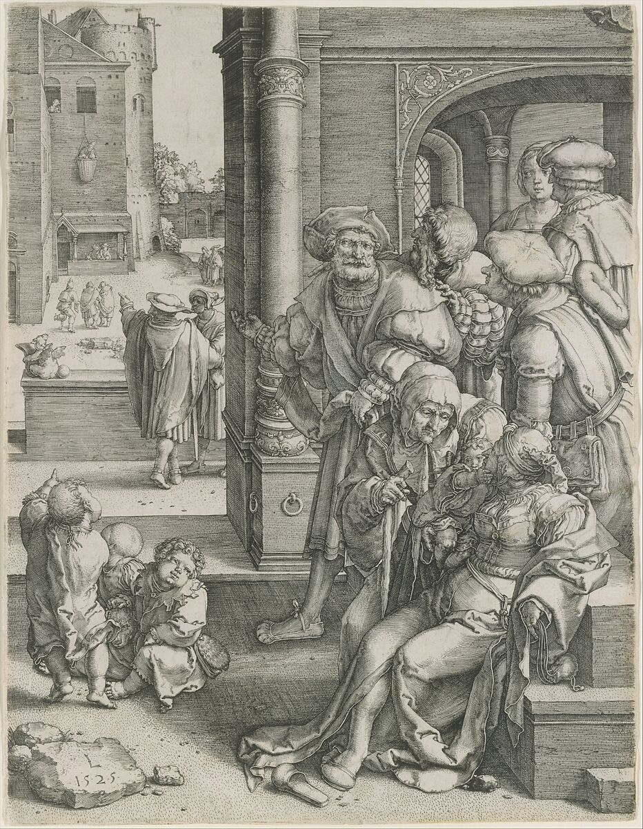 The Poet Virgil in a Basket, Lucas van Leyden (Netherlandish, Leiden ca. 1494–1533 Leiden), Engraving; first state