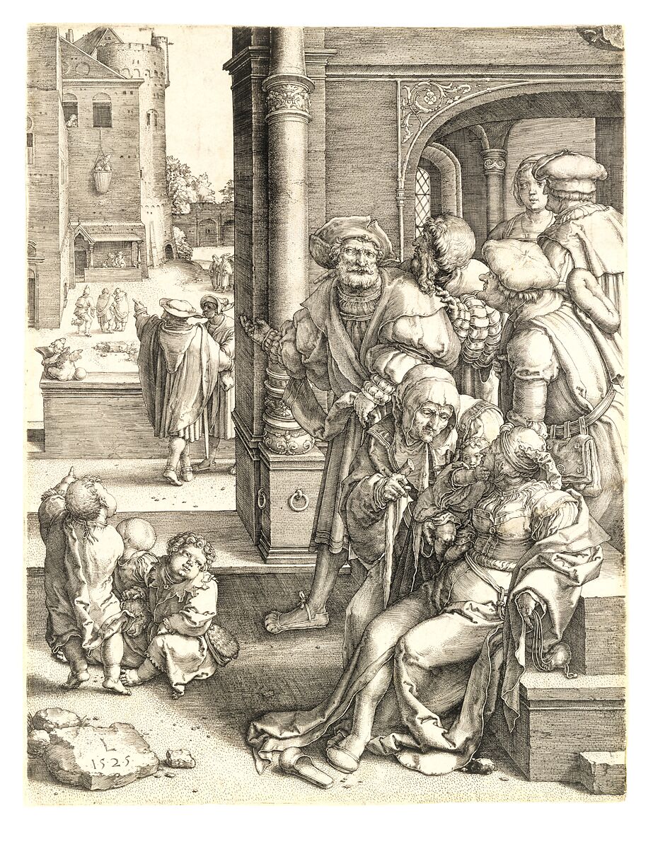 The Poet Virgil in a Basket, Lucas van Leyden (Netherlandish, Leiden ca. 1494–1533 Leiden), Engraving; first state