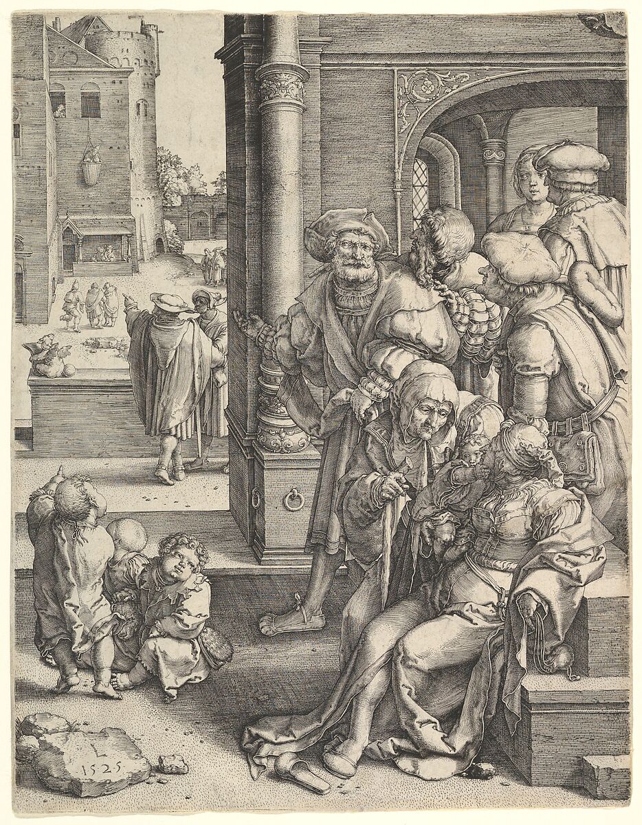 The Poet Virgil in a Basket, Lucas van Leyden (Netherlandish, Leiden ca. 1494–1533 Leiden), Engraving; first state 