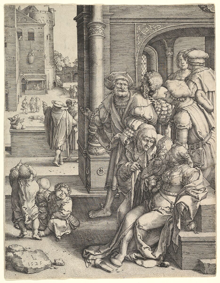 The Poet Virgil in a Basket, Lucas van Leyden  Netherlandish, Engraving; first state