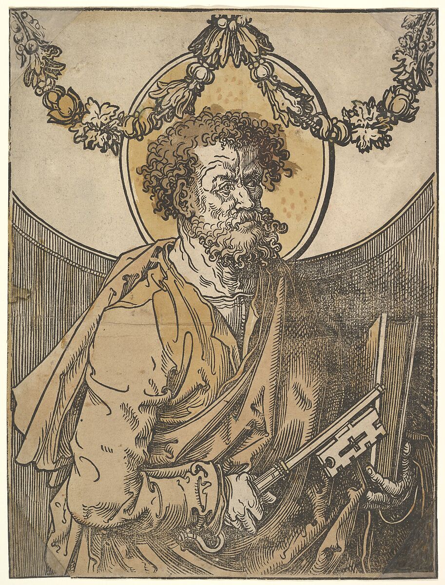 Saint Peter, Lucas van Leyden (Netherlandish, Leiden ca. 1494–1533 Leiden) and Workshop, Woodcut, hand-colored 