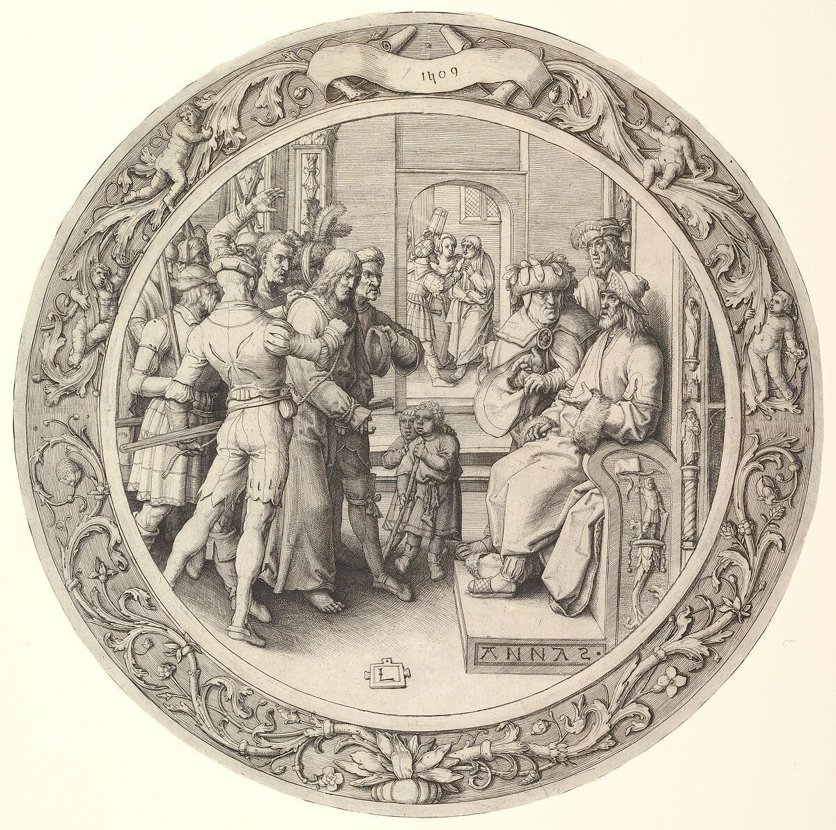 Christ before Annas, from the Circular Passion, Lucas van Leyden (Netherlandish, Leiden ca. 1494–1533 Leiden), Engraving 