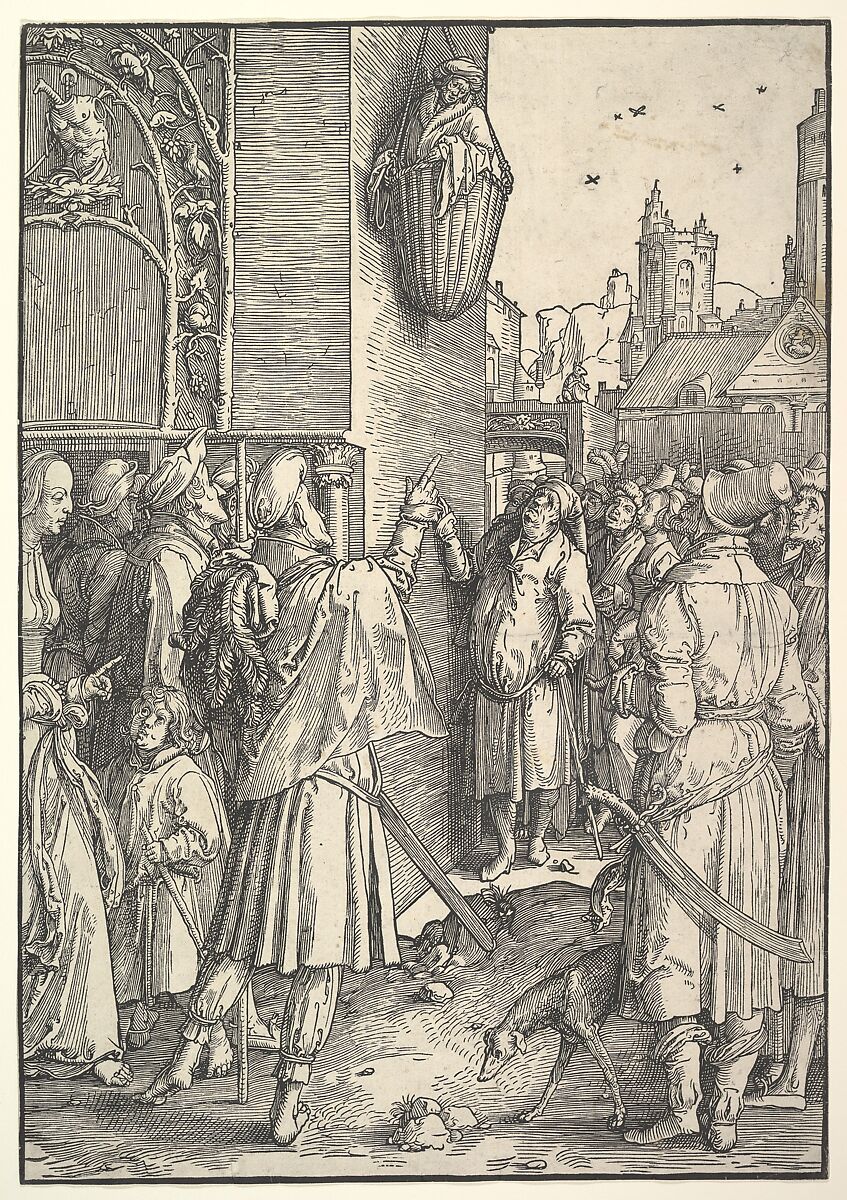 The Poet Virgil in a Basket, Lucas van Leyden (Netherlandish, Leiden ca. 1494–1533 Leiden), Woodcut 
