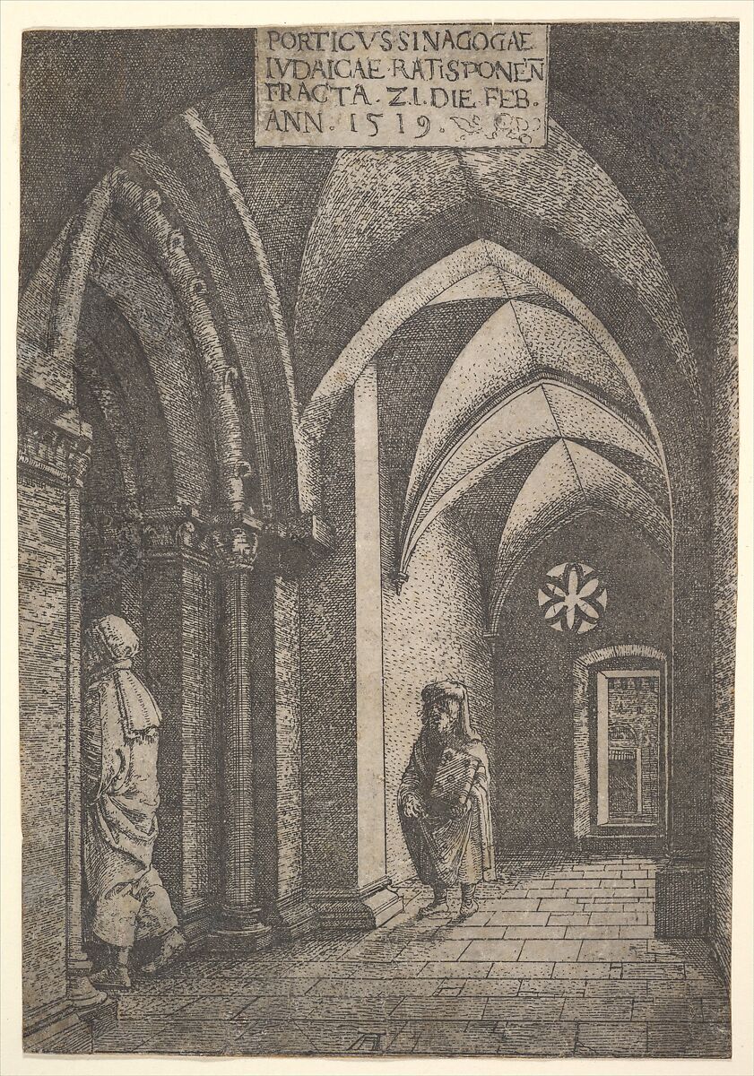 The Entrance Hall of the Regensburg Synagogue, Albrecht Altdorfer (German, Regensburg ca. 1480–1538 Regensburg), Etching 