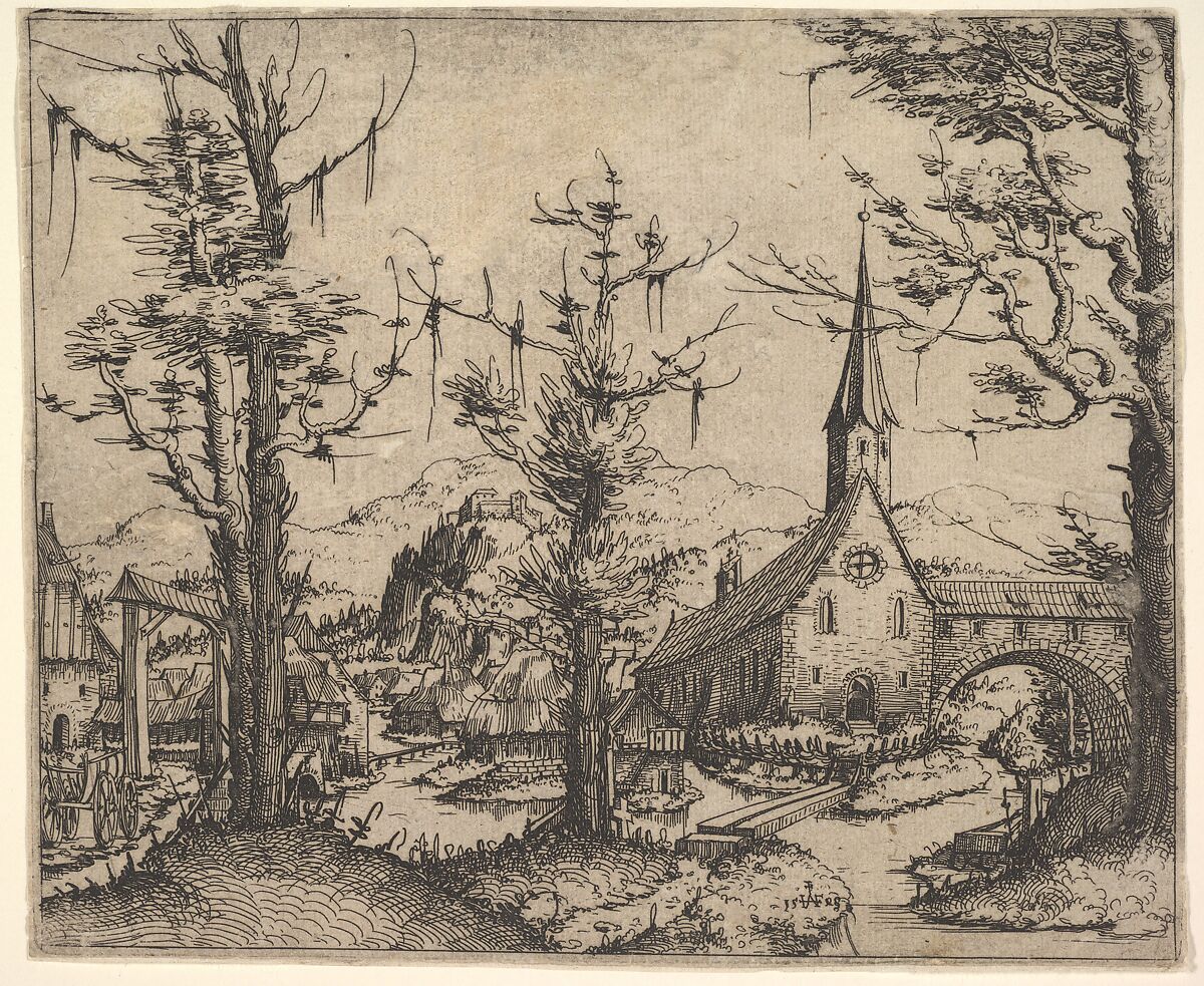 Landscape with Four Trees and a Church at Right, Augustin Hirschvogel (German, Nuremberg 1503–1553 Vienna), Etching 