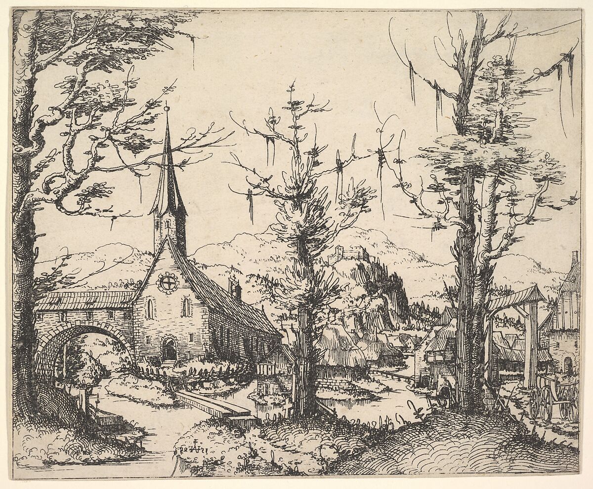 Landscape with Four Trees and a Church at Right (counterproof), Augustin Hirschvogel (German, Nuremberg 1503–1553 Vienna), Etching; counterproof 