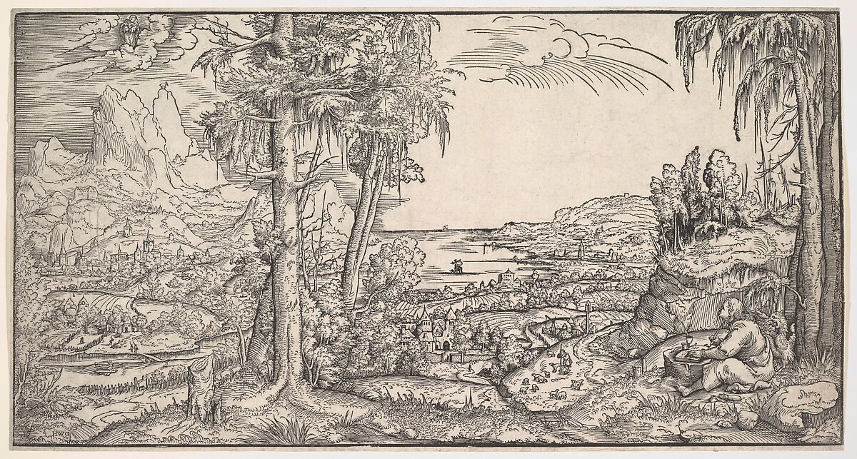 Landscape with Saint John the Evangelist, Virgil Solis (German, (?) 1514–1562 Nuremberg), Woodcut 