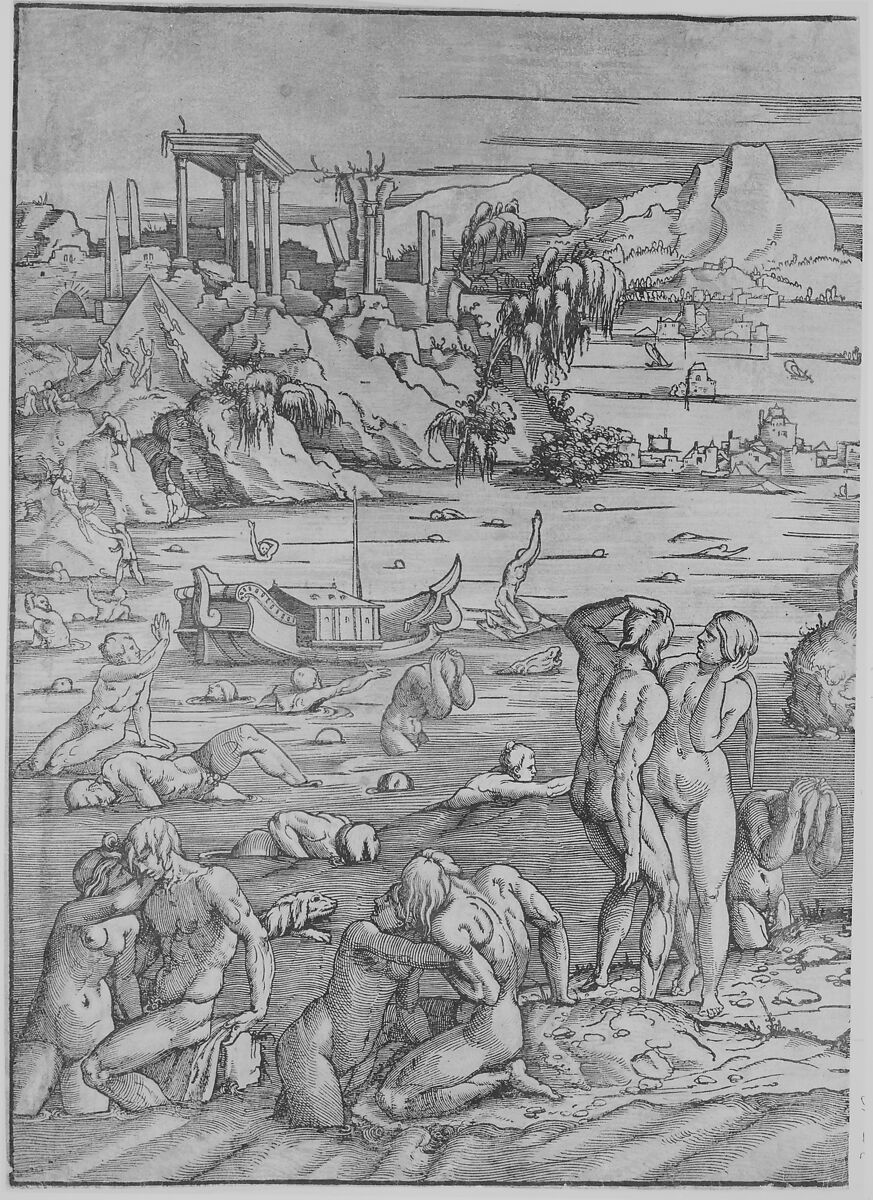 The Deluge, Jan van Scorel (Netherlandish, Schoorl 1495–1562 Utrecht), Woodcut printed on two sheets, hand-colored with yellow and white 