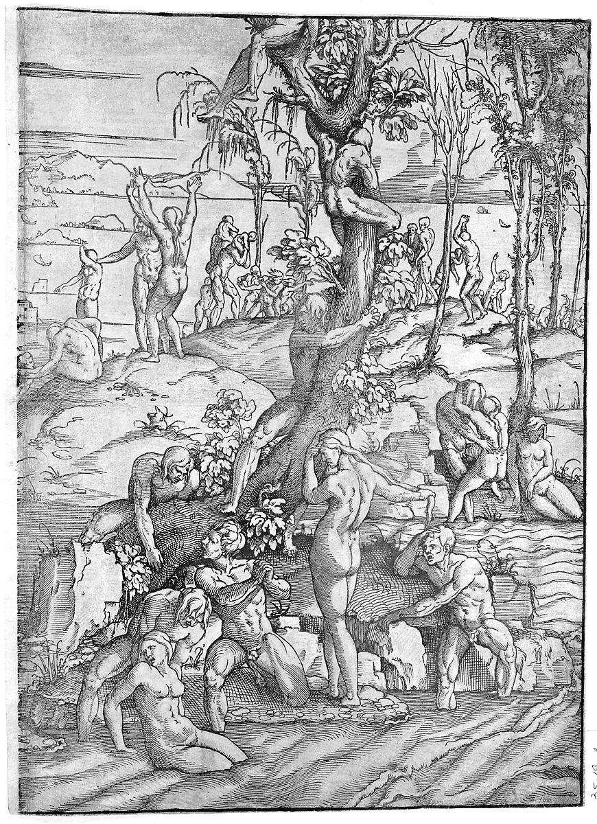 The Deluge, Jan van Scorel (Netherlandish, Schoorl 1495–1562 Utrecht), Woodcut printed on two sheets, hand-colored with yellow and white