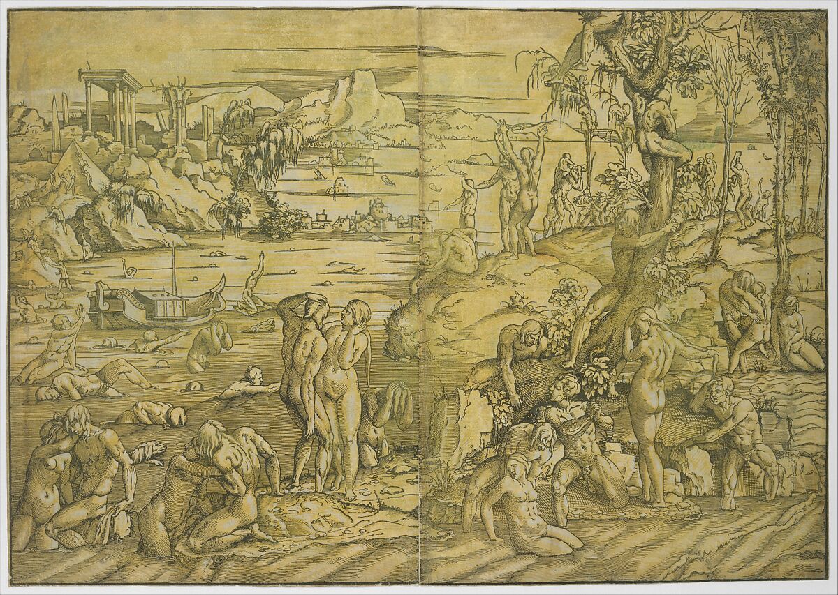 The Deluge, Jan van Scorel (Netherlandish, Schoorl 1495–1562 Utrecht), Woodcut printed on two sheets, hand-colored with yellow and white