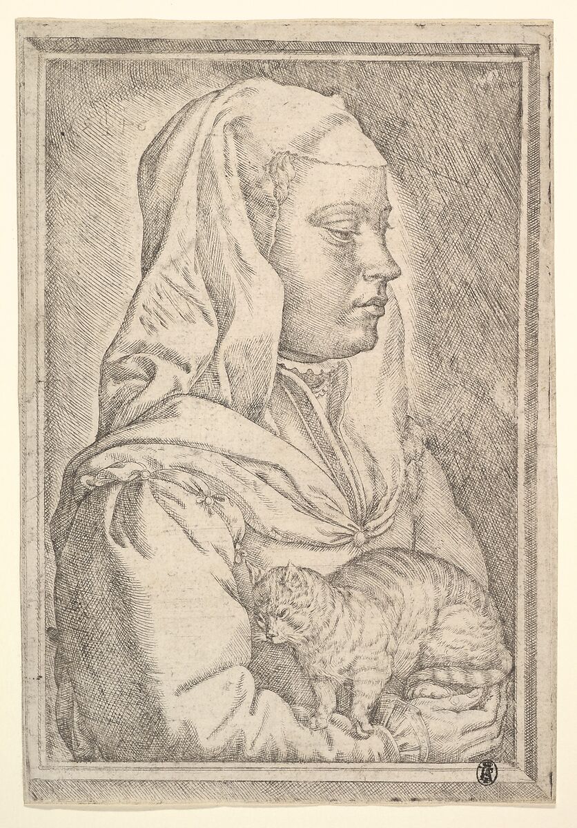 Girl with a Cat, Jan Cornelisz Vermeyen (Netherlandish, Beverwijk ca. 1504–1559 Brussels), Etching with engraving 