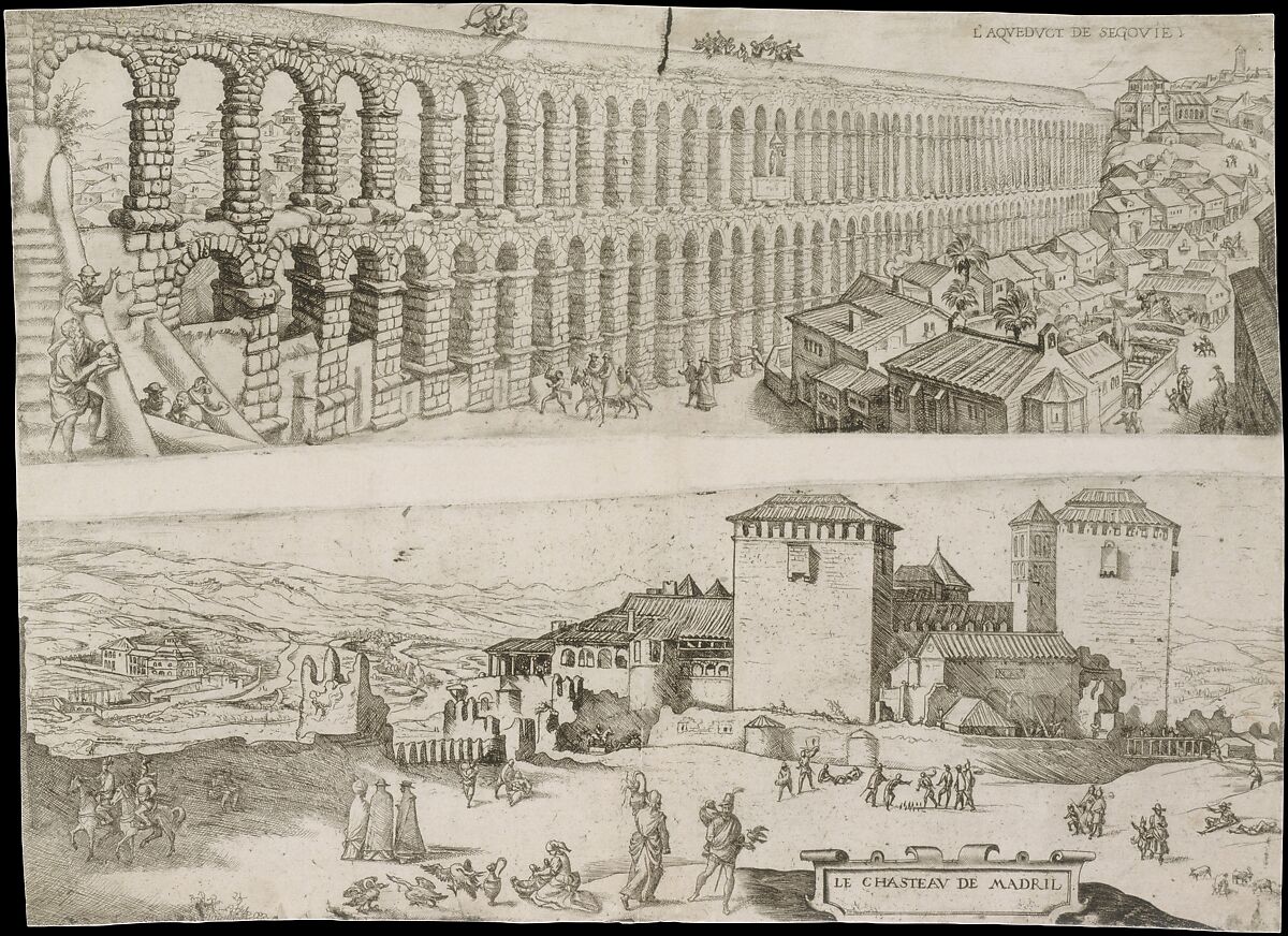 The Aqueduct at Segovia and The Castle of Madrid, Jan Cornelisz Vermeyen (Netherlandish, Beverwijk ca. 1504–1559 Brussels), Etching; two plates printed on one sheet