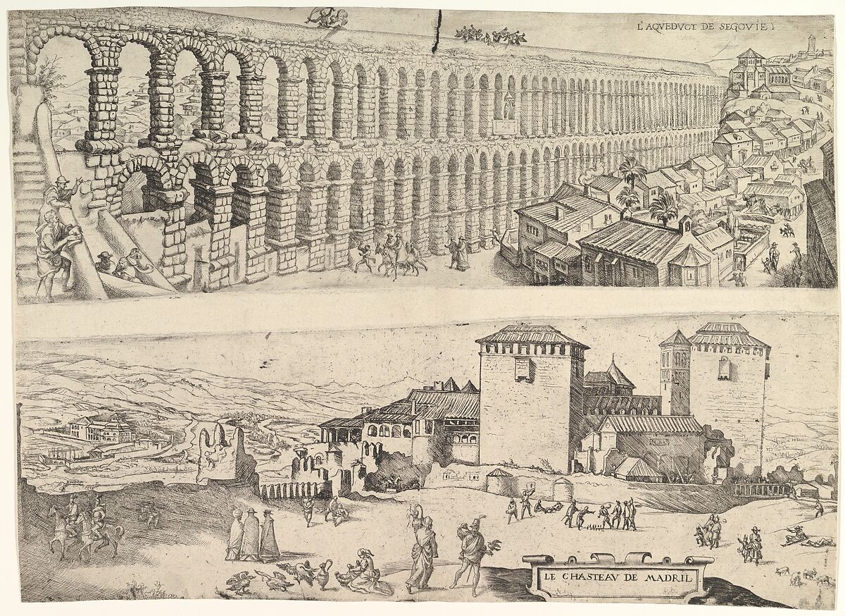 The Aqueduct at Segovia and The Castle of Madrid, Jan Cornelisz Vermeyen (Netherlandish, Beverwijk ca. 1504–1559 Brussels), Etching; two plates printed on one sheet 