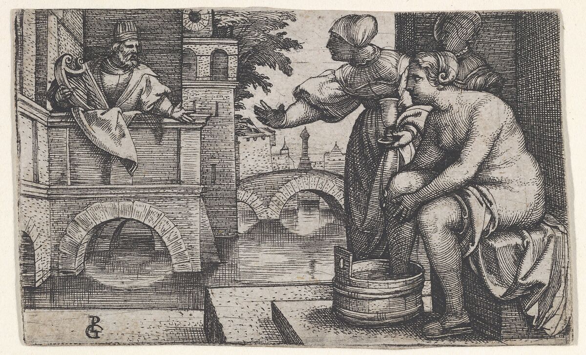 David and Bathsheba, from "Scenes from the Old Testament", Georg Pencz (German, Wroclaw ca. 1500–1550 Leipzig), Engraving; first state of two (Landau) 