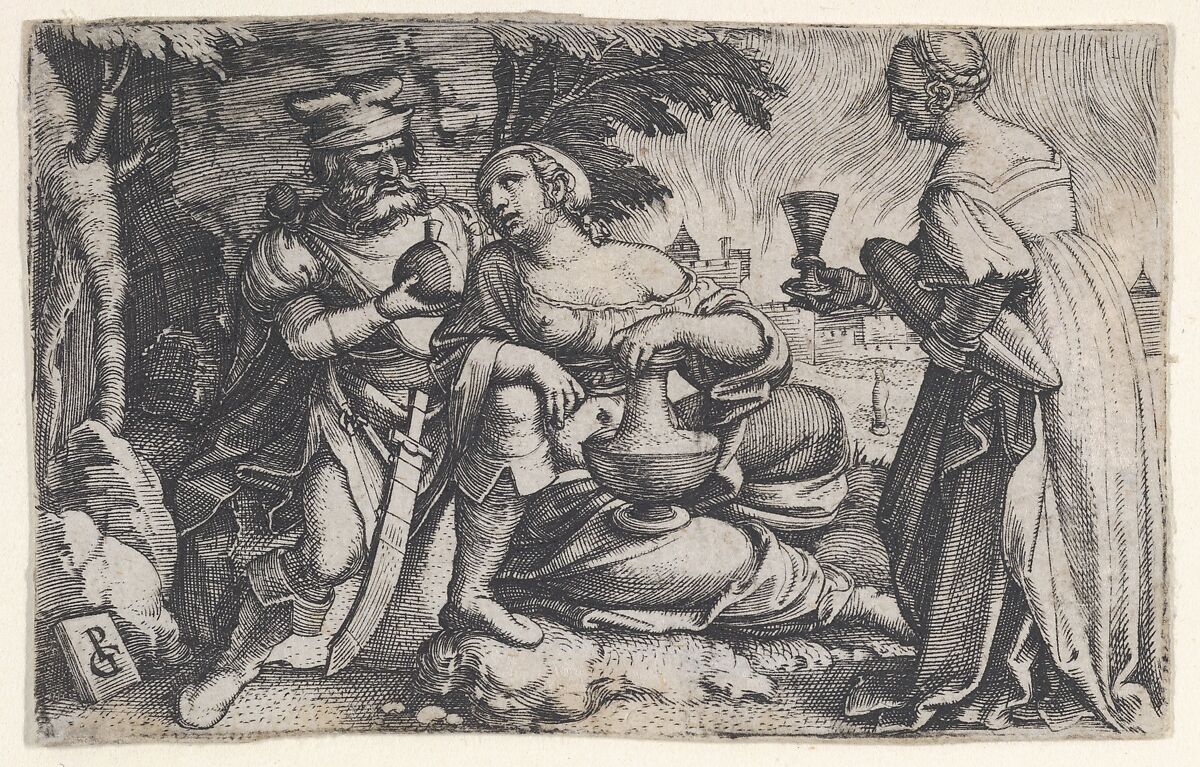 Lot and His Daughters, from "Scenes from the Old Testament", Georg Pencz (German, Wroclaw ca. 1500–1550 Leipzig), Engraving 