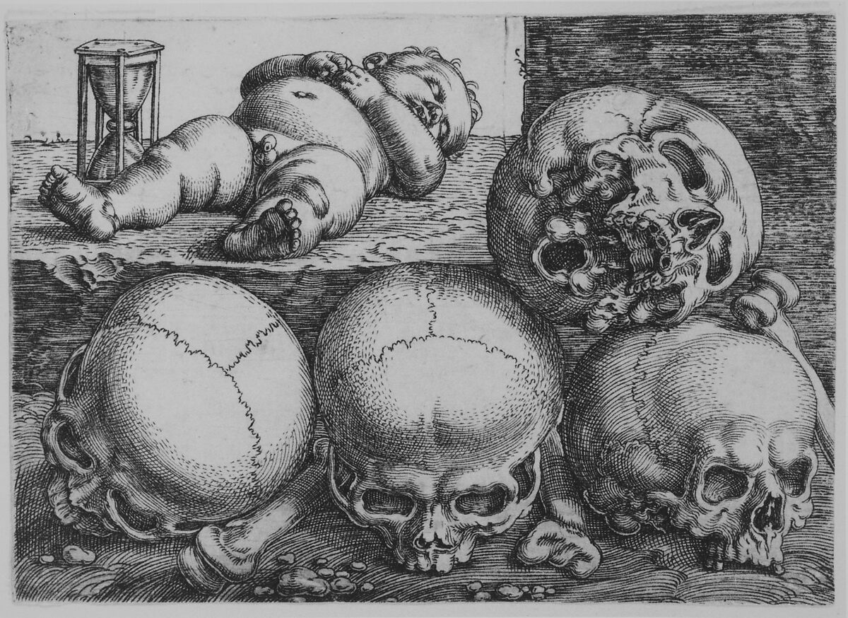 Dead Child with Four Skulls, Barthel Beham (German, Nuremberg ca. 1502–1540 Italy), Engraving, first state of three