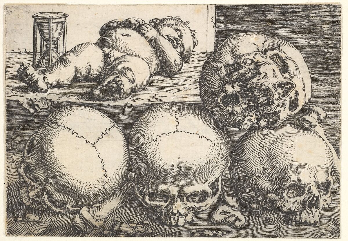 Dead Child with Four Skulls, Barthel Beham (German, Nuremberg ca. 1502–1540 Italy), Engraving, first state of three 
