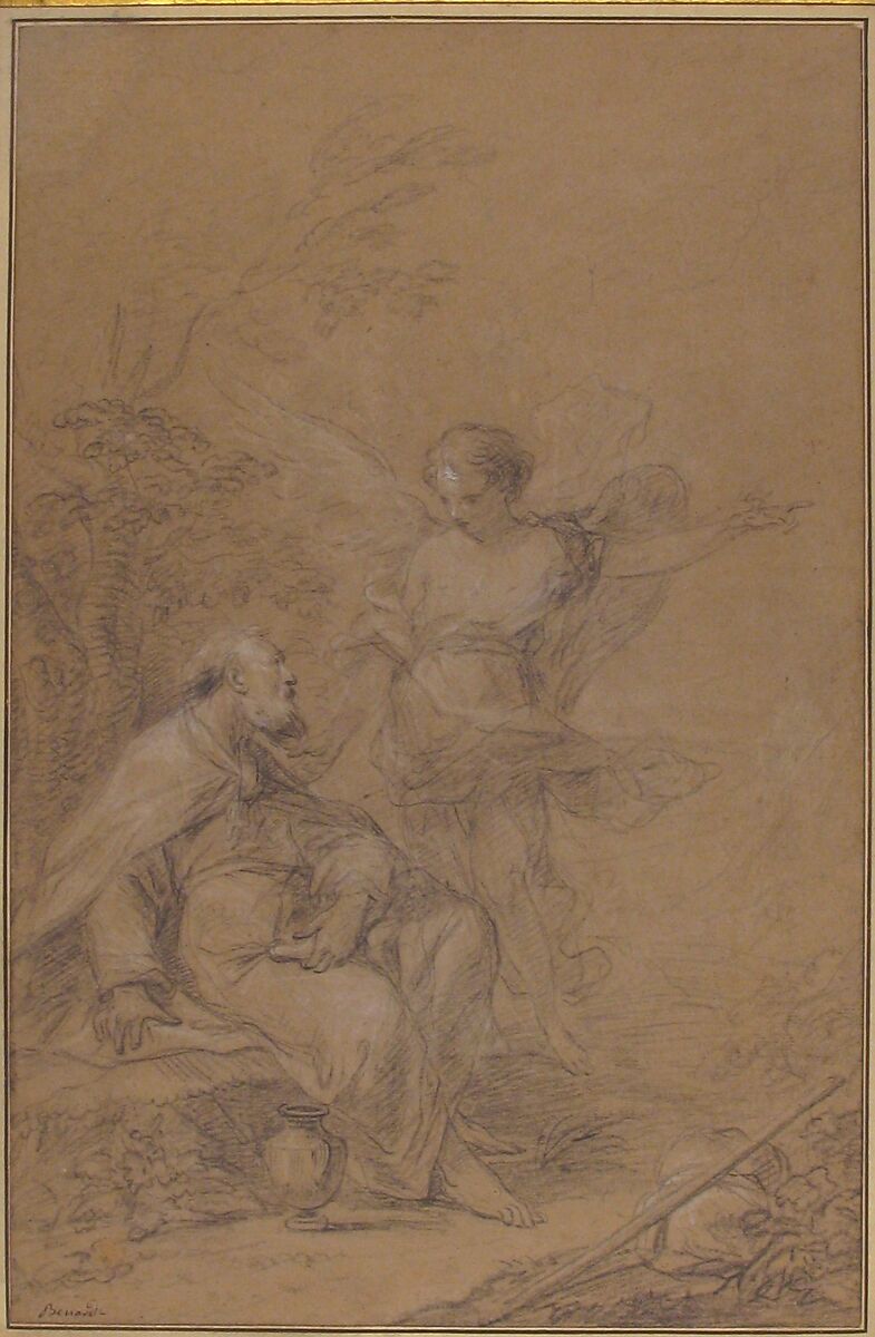 Elijah Visited by an Angel in the Wilderness (I Kings 19:4-8), Jean-Baptiste Bénard (French, active 1740 to 1758), Black chalk, heightened with white, on beige paper
