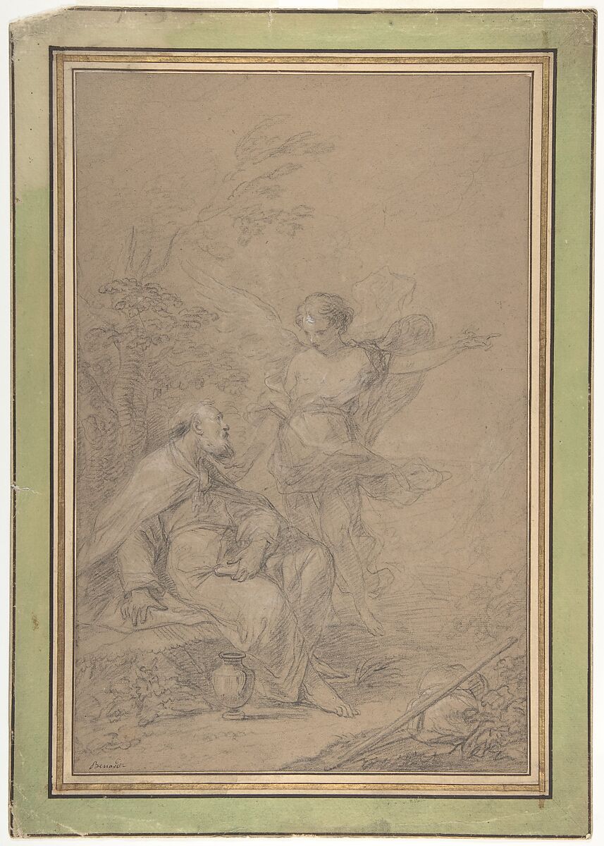 Elijah Visited by an Angel in the Wilderness (I Kings 19:4-8), Jean-Baptiste Bénard (French, active 1740 to 1758), Black chalk, heightened with white, on beige paper 