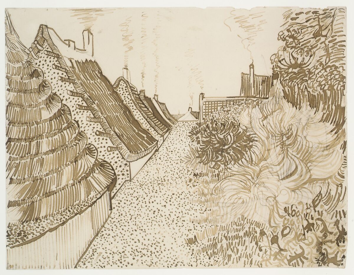 Street in Saintes-Maries-de-la-Mer, Vincent van Gogh (Dutch, Zundert 1853–1890 Auvers-sur-Oise), Reed pen, quill, and brown ink over graphite on wove paper (laid down on wove paper; tack holes in all corners); later additions (by a restorer?) in black chalk, lower and upper right