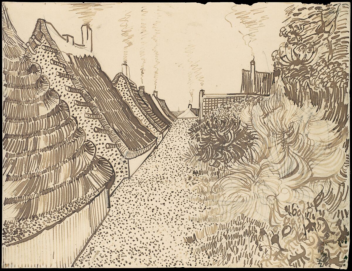 Street in Saintes-Maries-de-la-Mer, Vincent van Gogh  Dutch, Reed pen, quill, and brown ink over black chalk on wove paper (backed with wove paper)