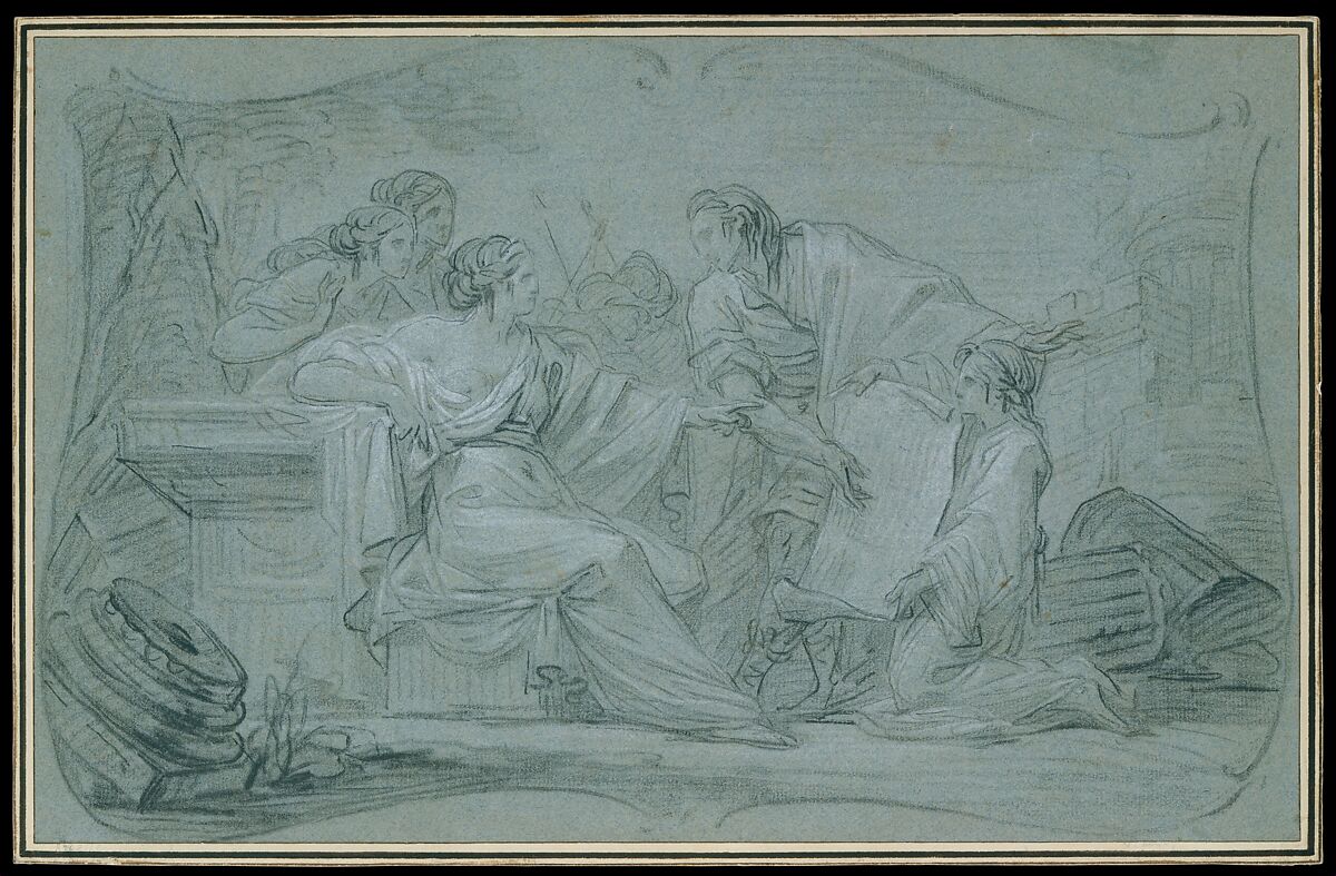 Semiramus Inspecting a Plan of Babylon, Jean Simon Berthélemy (French, Laon 1742–1811 Paris), Black and white chalk on blue-gray paper