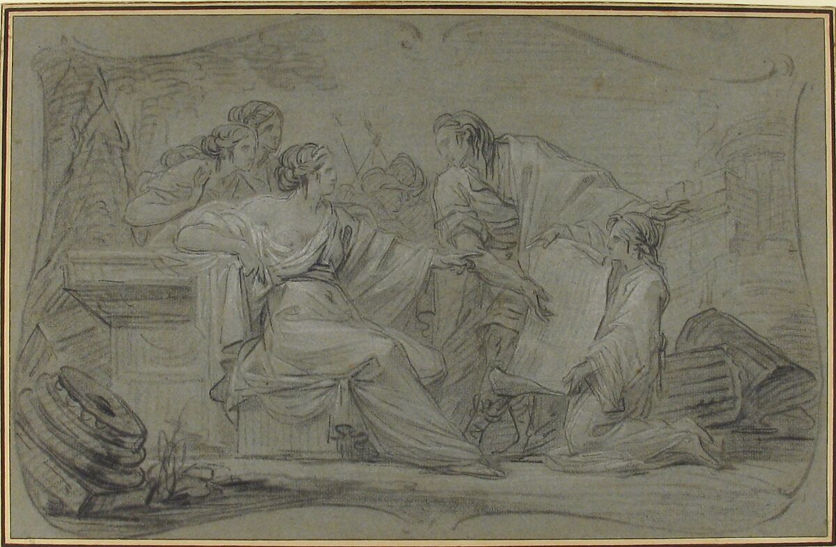 Semiramus Inspecting a Plan of Babylon, Jean Simon Berthélemy (French, Laon 1742–1811 Paris), Black and white chalk on blue-gray paper